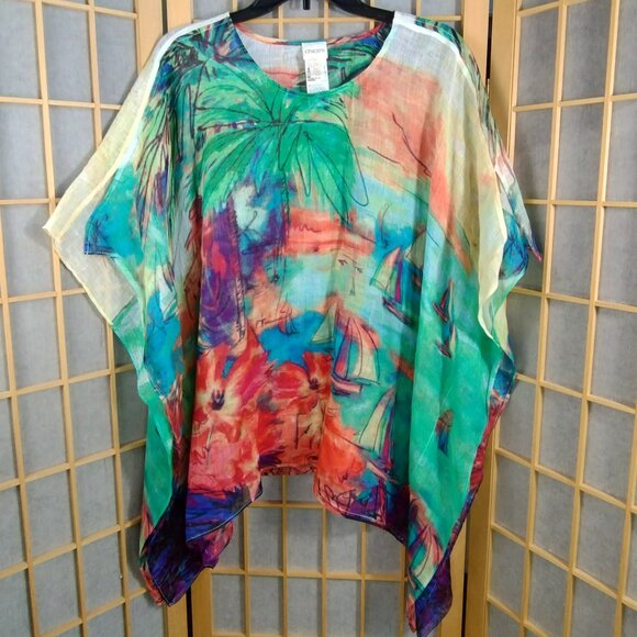 Chico's Tops - Chico's Tropical Sailboat Linen Poncho Top Size L/XL